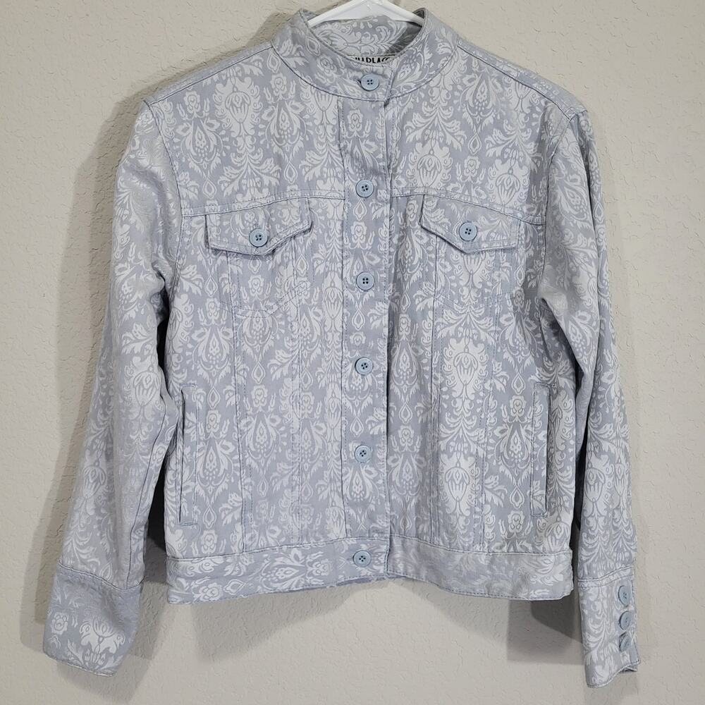 Vintage Jacket Bill Blass Womens Small Silver Blue Damask 90s Button up FLAW